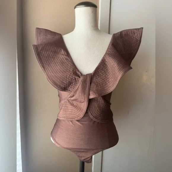 Johanna Ortiz Brown Ruffle Sleeve Swimsuit - Picture 1 of 6